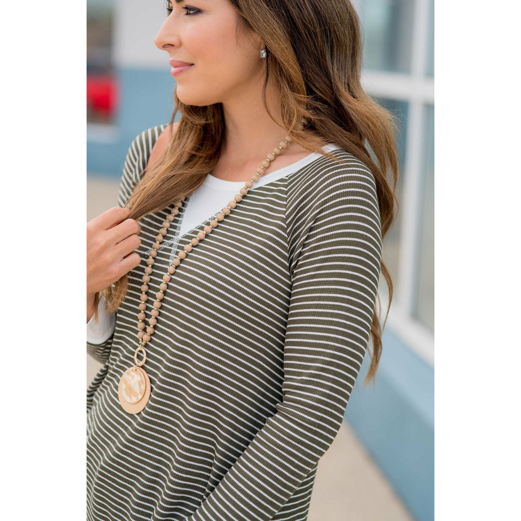 Solid Trim V Striped Long Sleeve Tee - Betsey's Boutique Shop