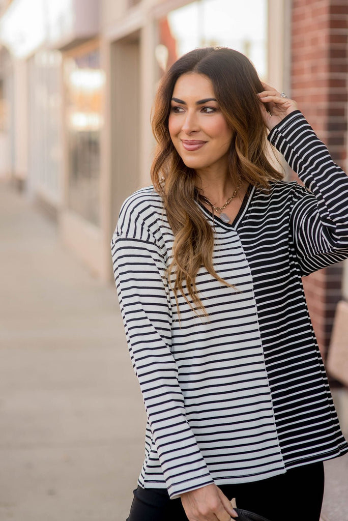 Contrasting Stripes V-Neck Tee - Betsey's Boutique Shop -