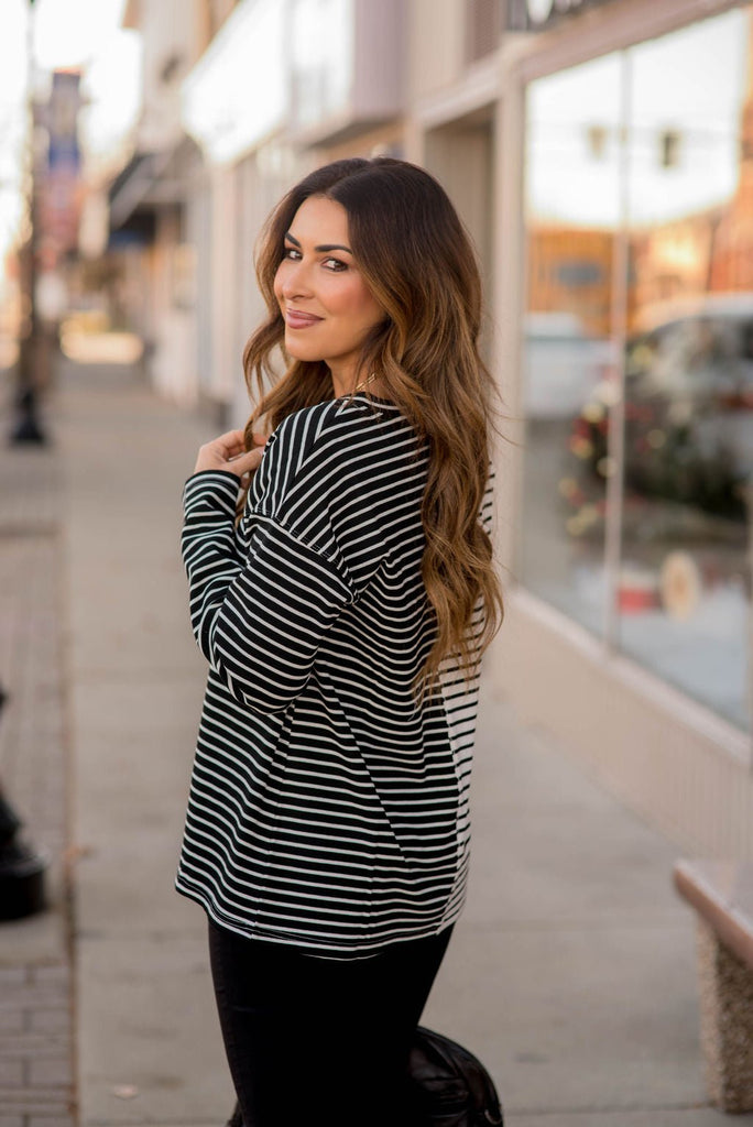 Contrasting Stripes V-Neck Tee - Betsey's Boutique Shop -