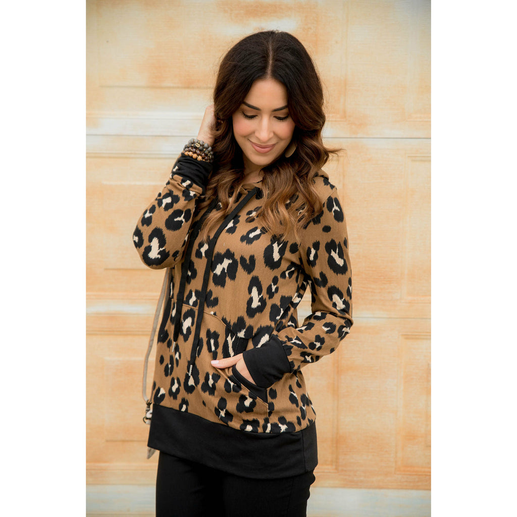 Solid Trim Leopard Print Hoodie - Betsey's Boutique Shop