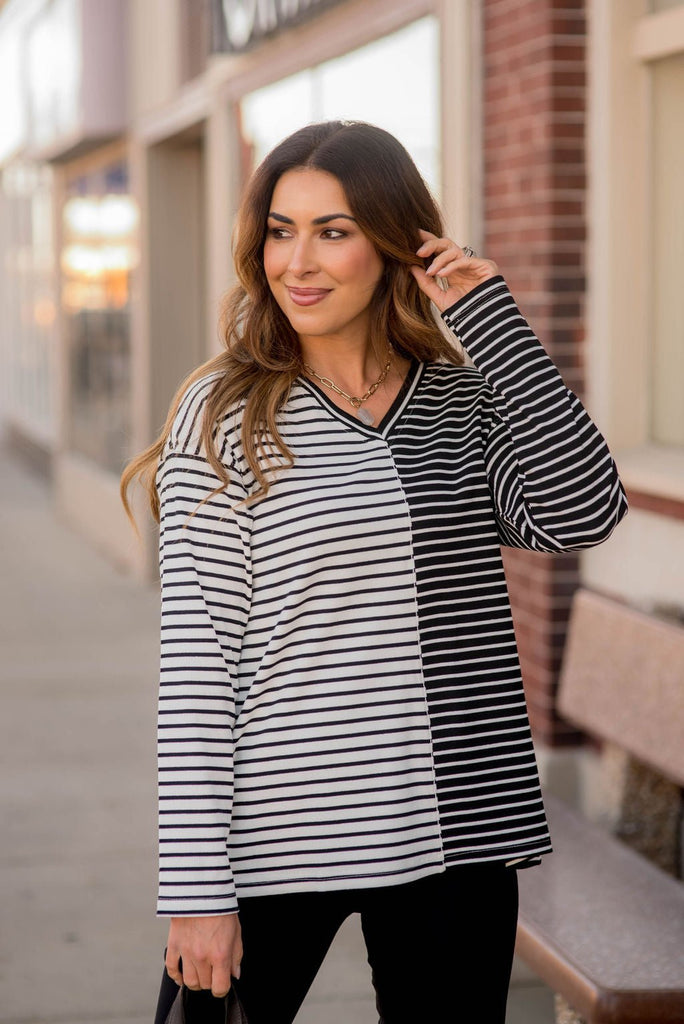 Contrasting Stripes V-Neck Tee - Betsey's Boutique Shop -