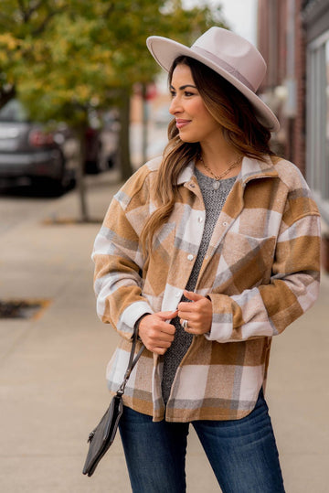 Large Plaid Print Neutral Shacket - Betsey's Boutique Shop