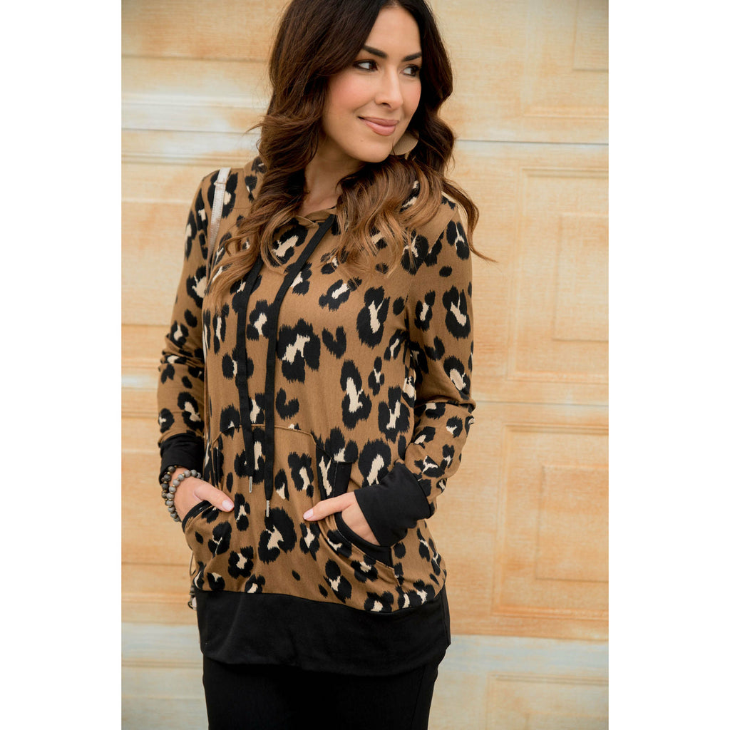 Solid Trim Leopard Print Hoodie - Betsey's Boutique Shop