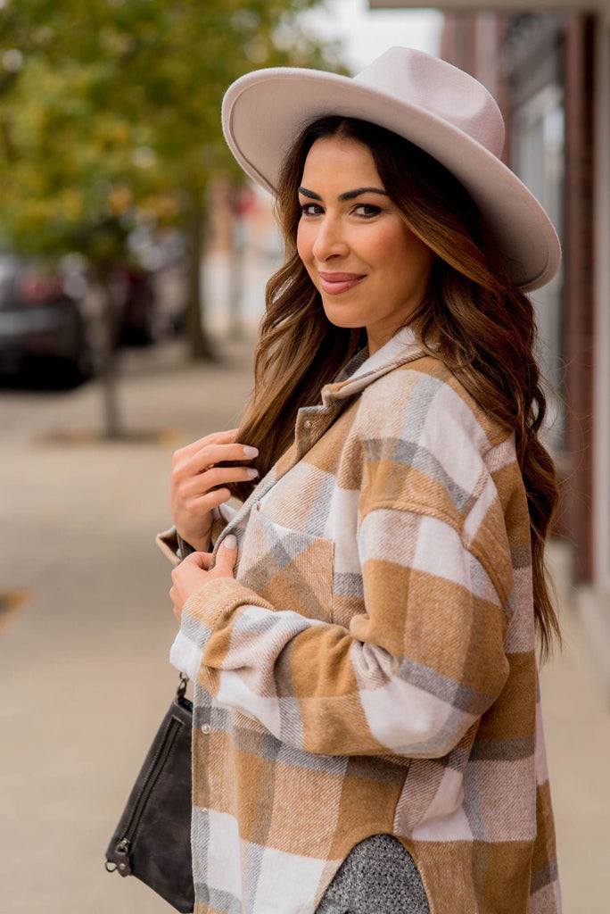 Large Plaid Print Neutral Shacket - Betsey's Boutique Shop