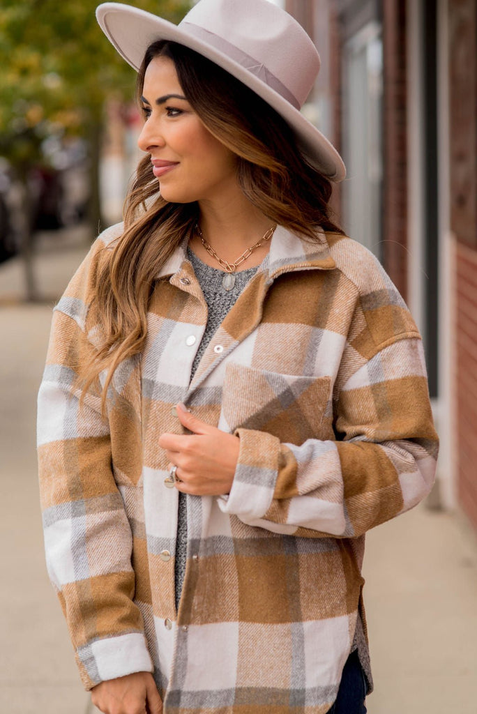 Large Plaid Print Neutral Shacket - Betsey's Boutique Shop