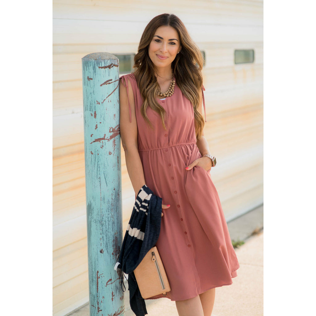 Tie Shoulder Button Down Midi - Betsey's Boutique Shop