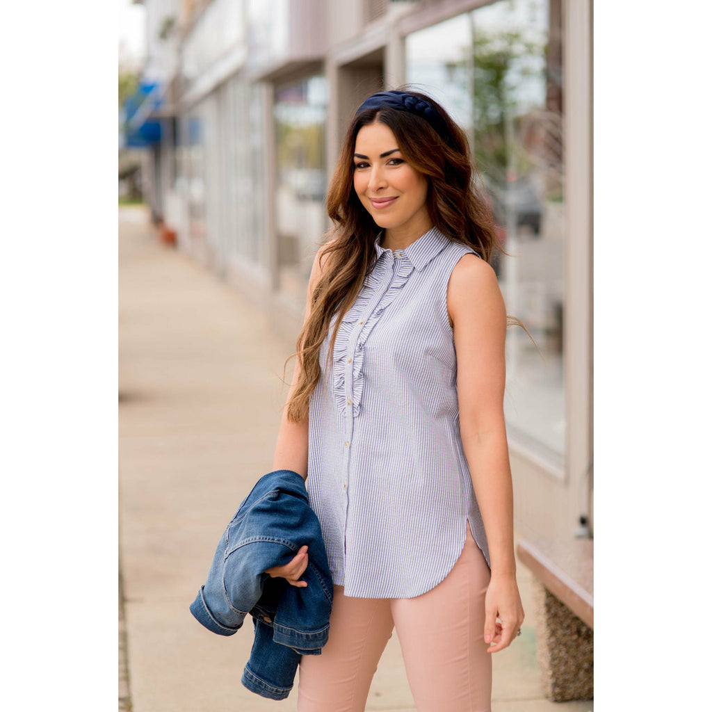 Seersucker Button Up Tank Blouse - Betsey's Boutique Shop