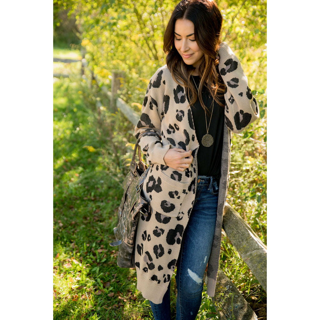 Leopard Raw Edge Pocket Tunic Cardigan - Betsey's Boutique Shop