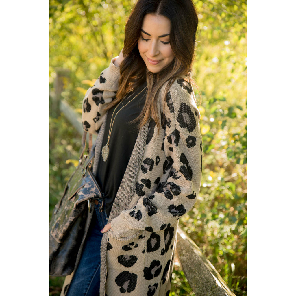 Leopard Raw Edge Pocket Tunic Cardigan - Betsey's Boutique Shop