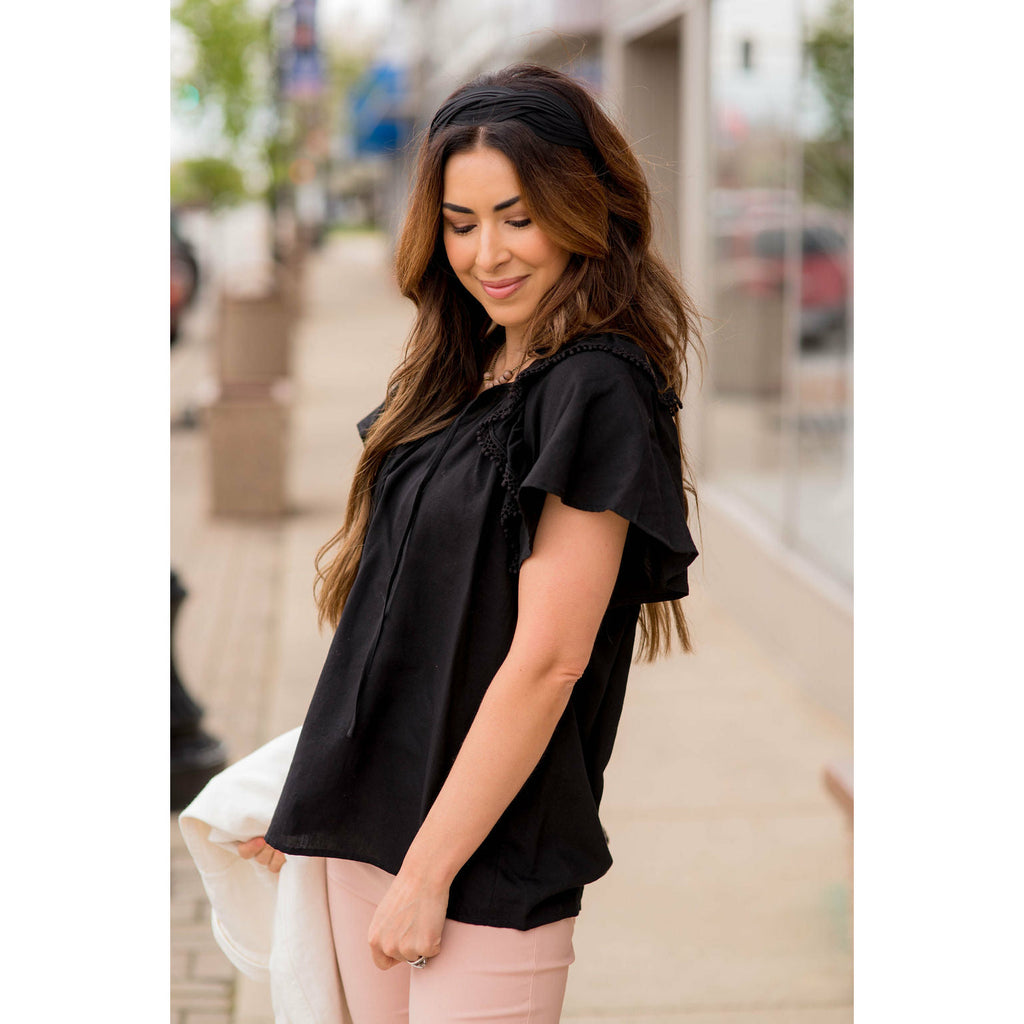 Pom Trim Flutter Sleeve Blouse - Betsey's Boutique Shop