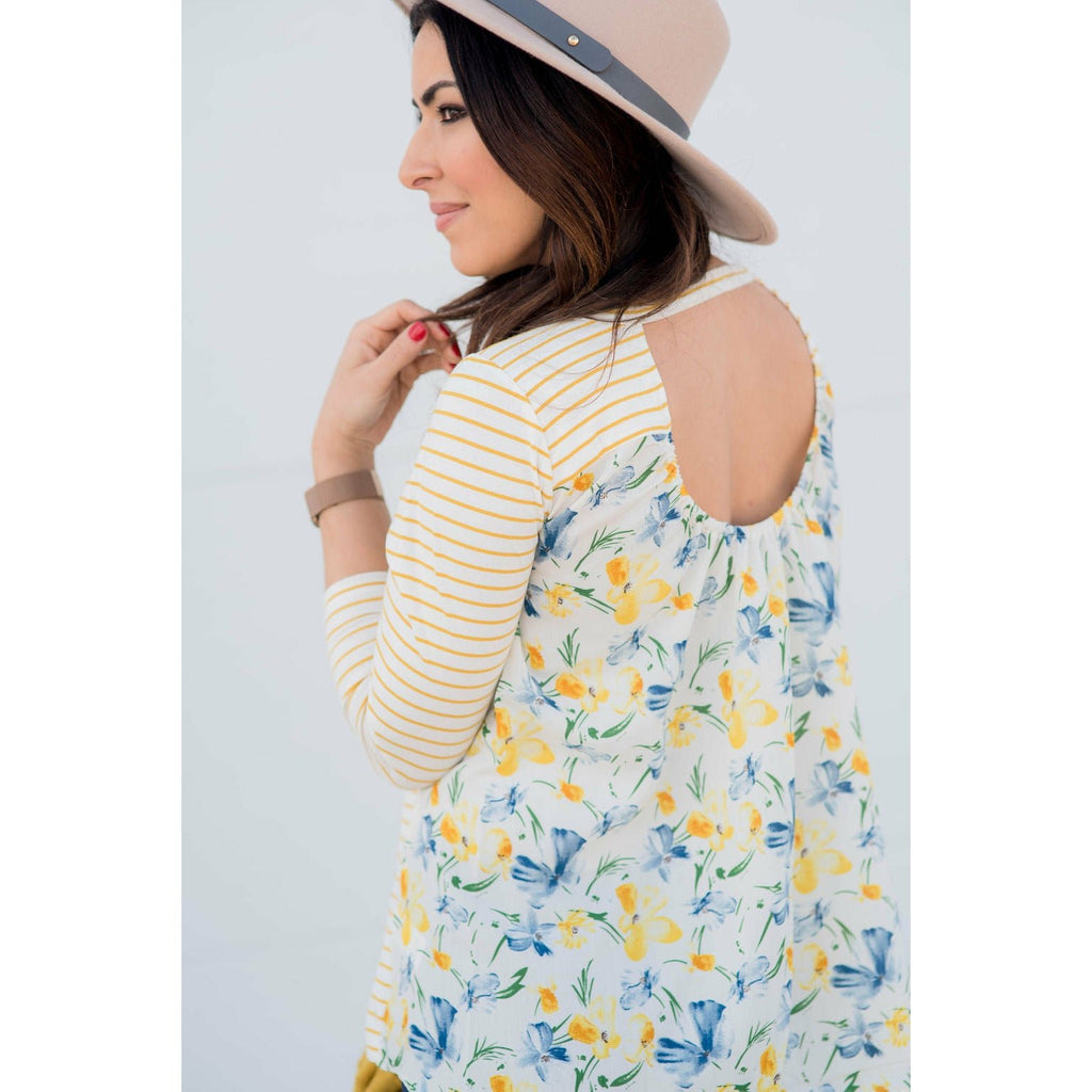 Striped Floral Back 3/4 Sleeve Tee - Betsey's Boutique Shop