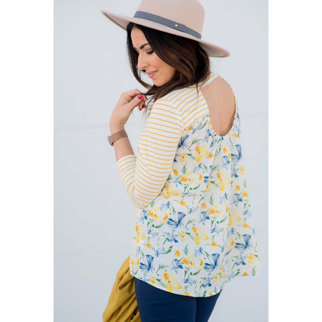 Striped Floral Back 3/4 Sleeve Tee - Betsey's Boutique Shop