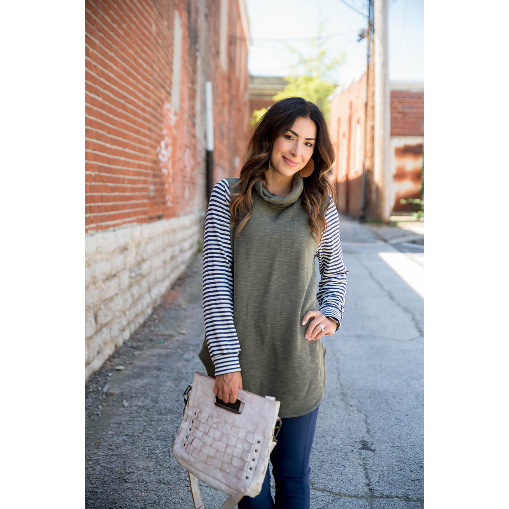 Olive Striped Cowl Neck Tunic - Betsey's Boutique Shop