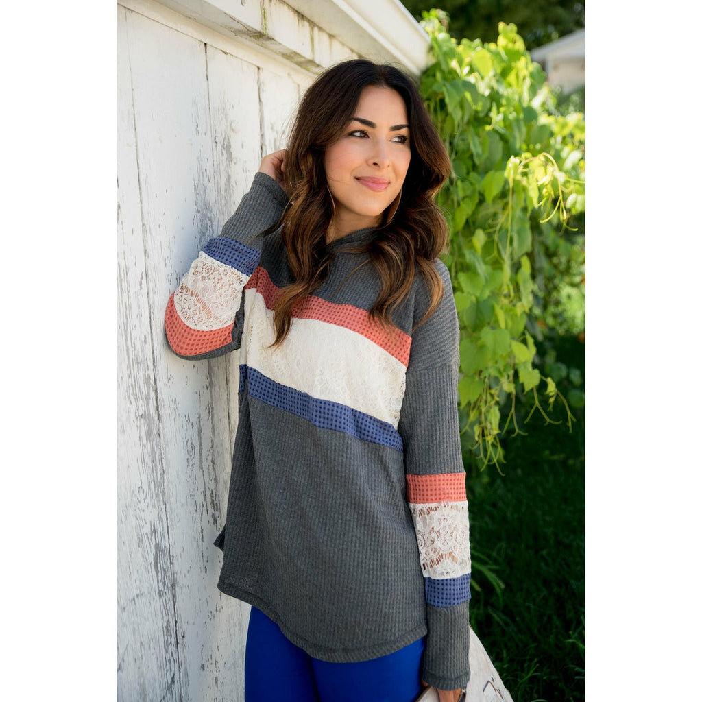 Color Blocked Lace Accent Hoodie - Betsey's Boutique Shop