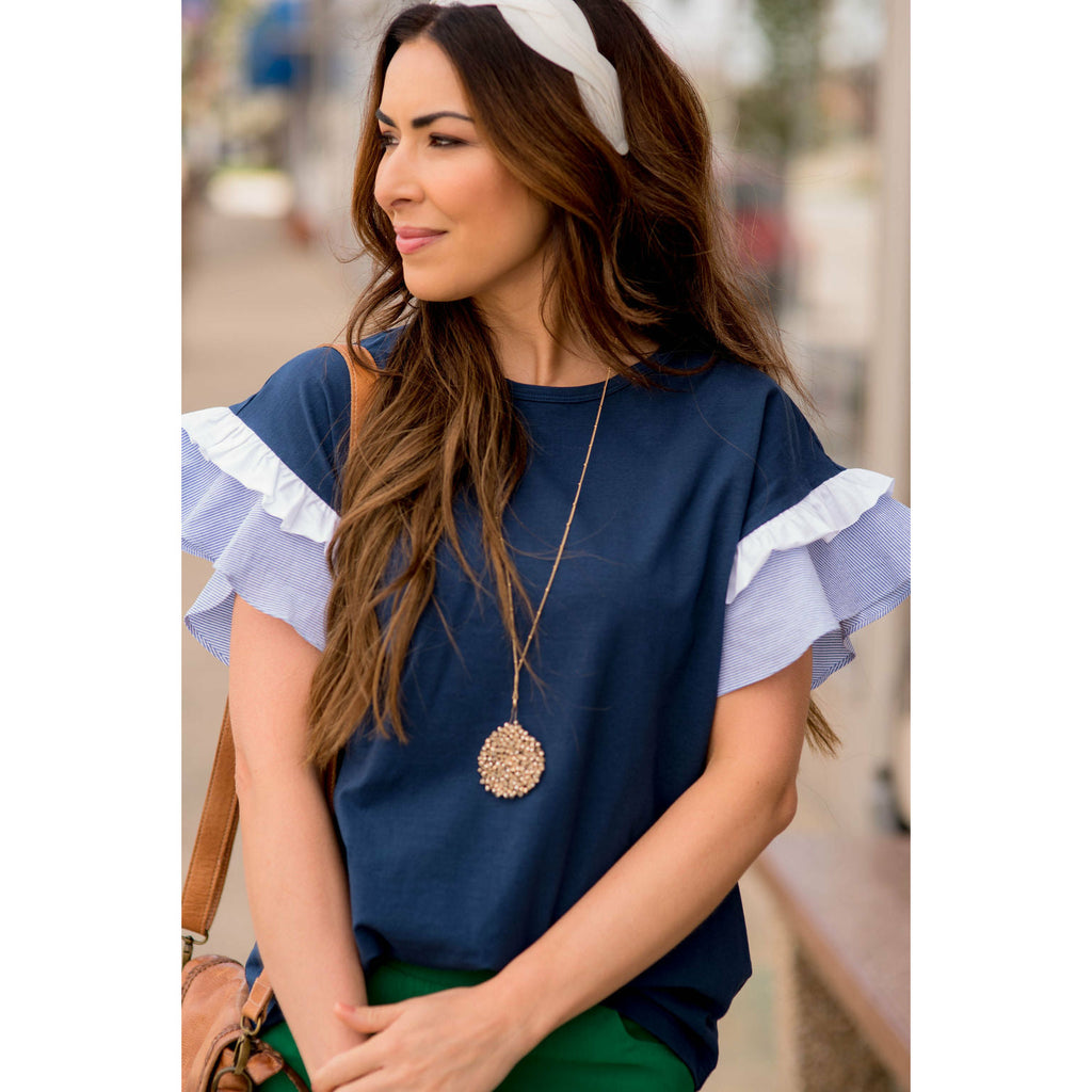 Striped Double Ruffle Accent Tee - Betsey's Boutique Shop