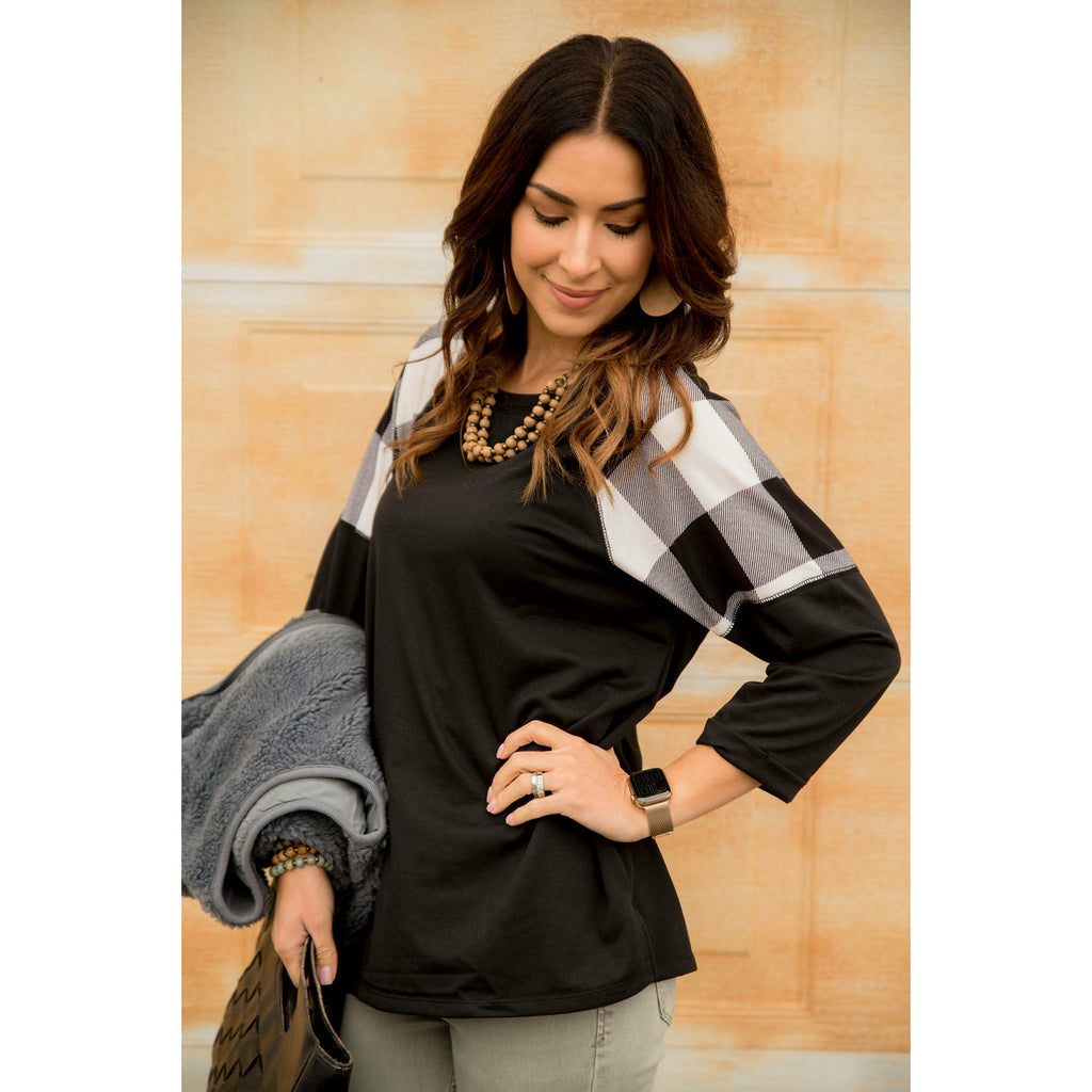 Buffalo Plaid Top 3/4 Sleeve Sweatshirt - Betsey's Boutique Shop