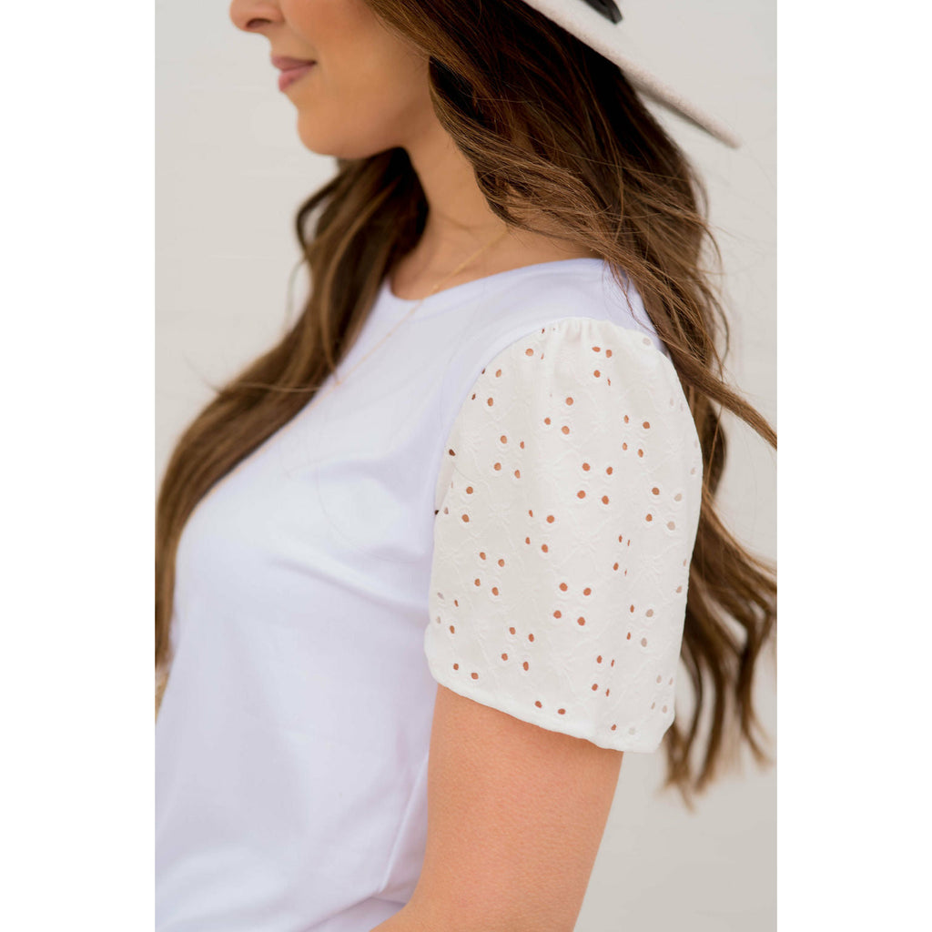 Detailed Eyelet Sleeve Tee - Betsey's Boutique Shop - Shirts & Tops