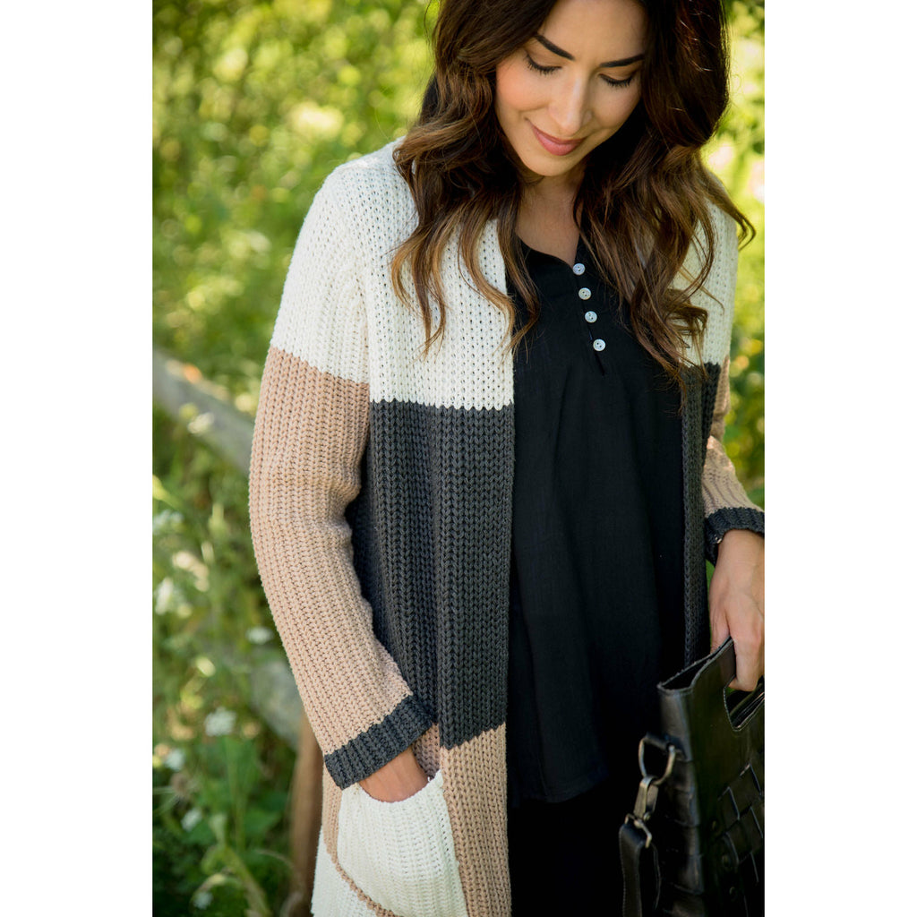 Neutral Color Blocked Knit Cardigan - Betsey's Boutique Shop