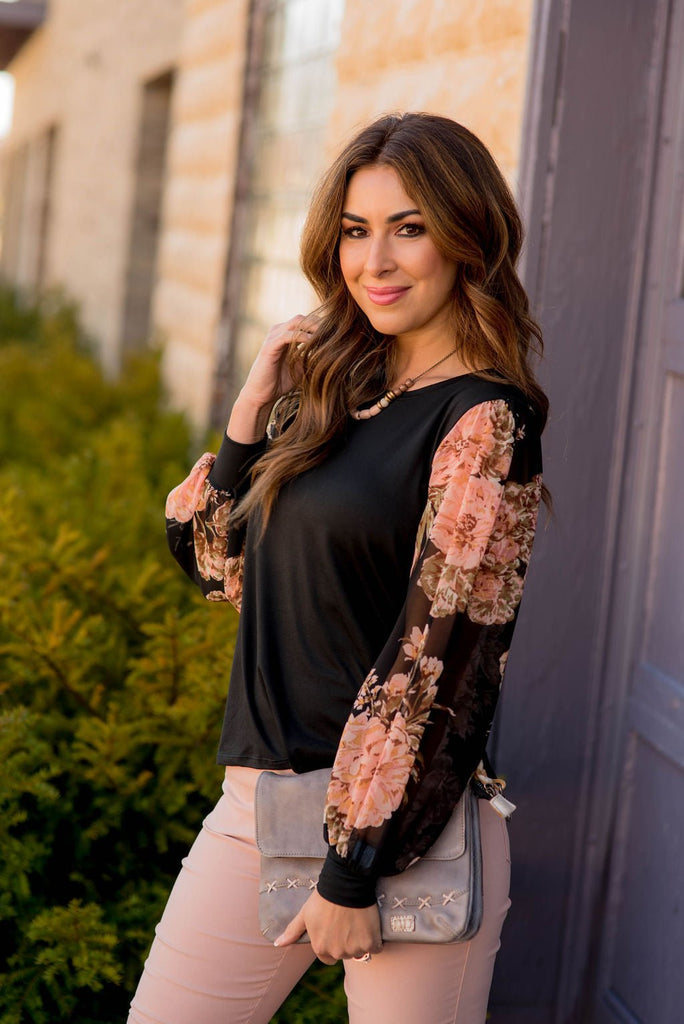 Vintage Blooms Sheer Sleeve Tee - Betsey's Boutique Shop -