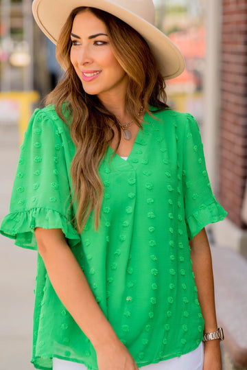 Textured Dot Ruffle Trim V-Neck Blouse - Betsey's Boutique Shop