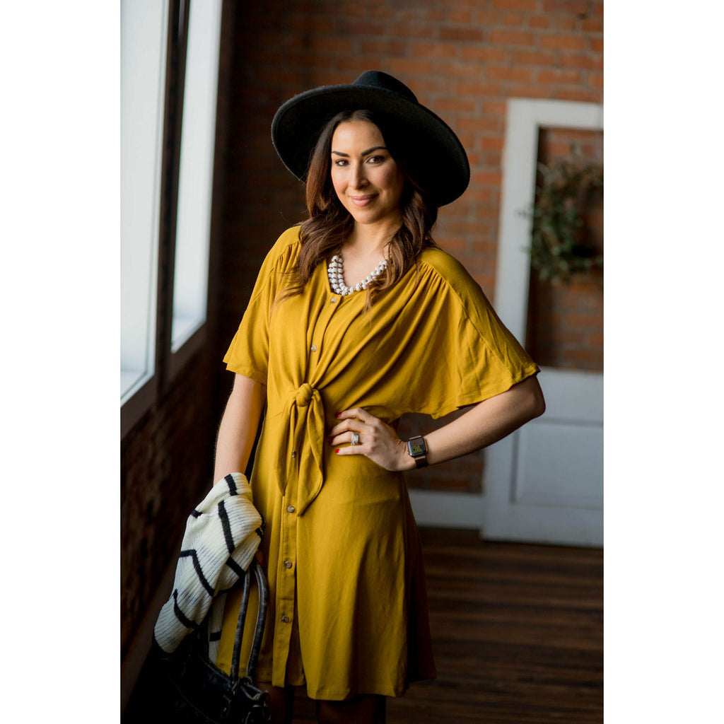 Mustard Front Tie Button Dress - Betsey's Boutique Shop