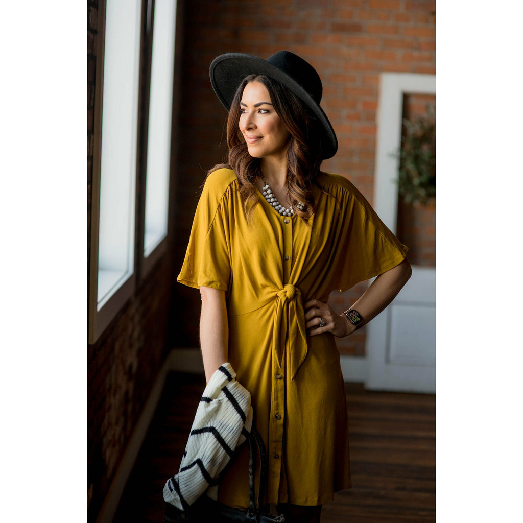 Mustard Front Tie Button Dress - Betsey's Boutique Shop