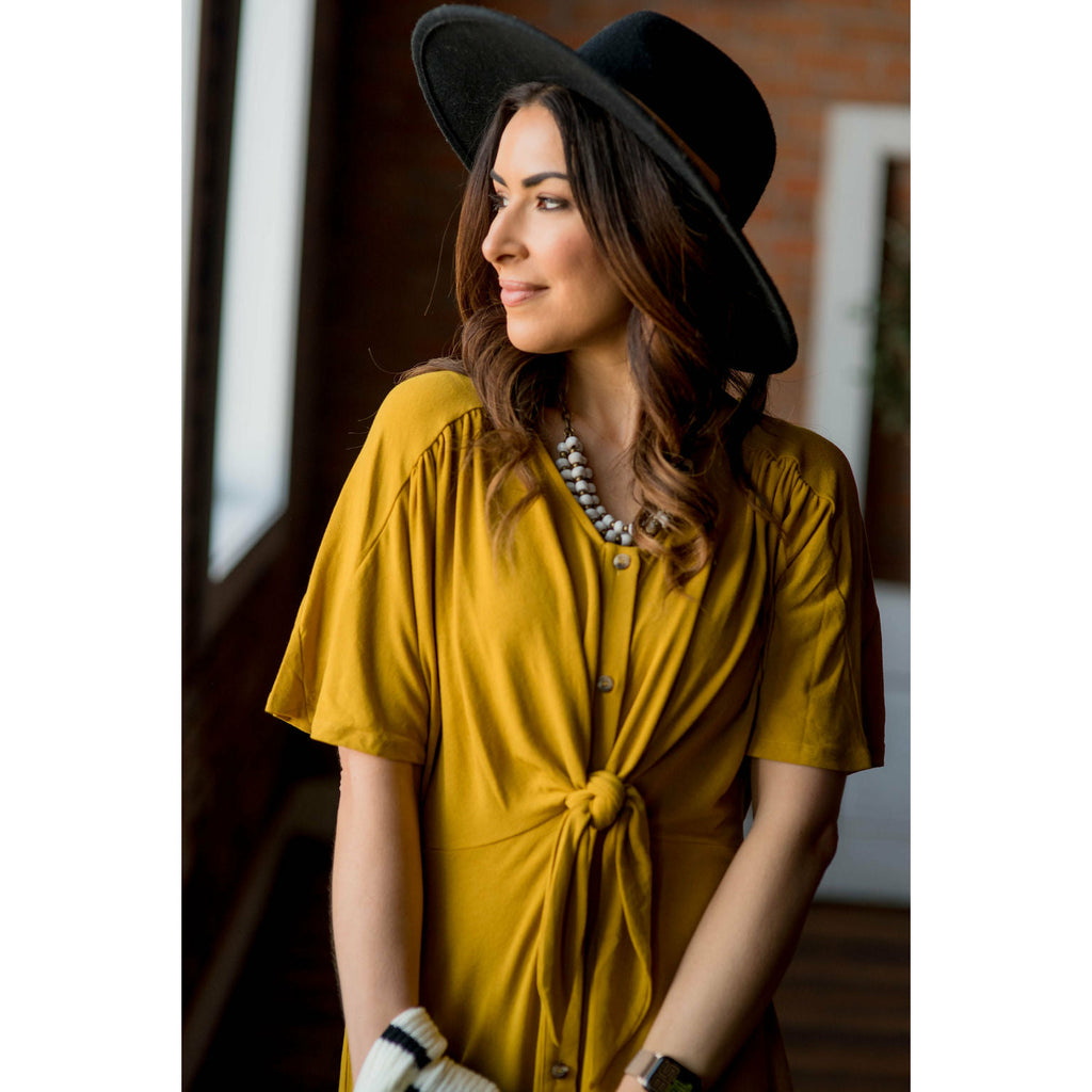 Mustard Front Tie Button Dress - Betsey's Boutique Shop