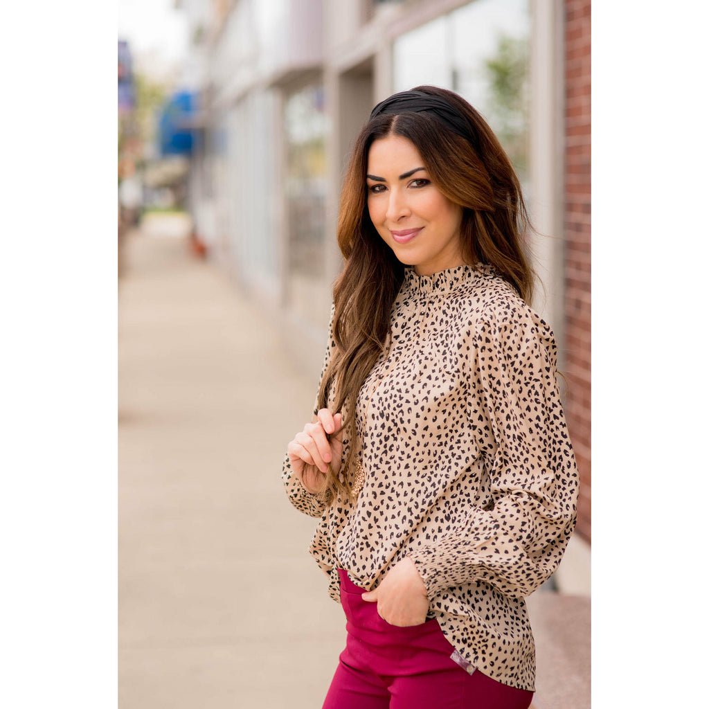 Cinched Neck Cuff Cheetah Blouse - Betsey's Boutique Shop