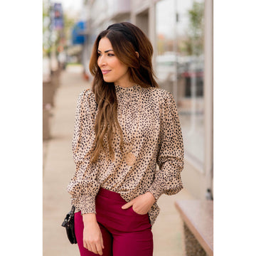 Cinched Neck Cuff Cheetah Blouse - Betsey's Boutique Shop