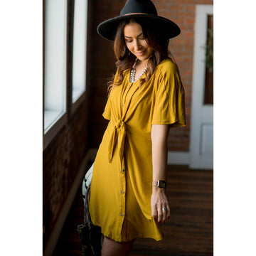 Mustard Front Tie Button Dress - Betsey's Boutique Shop