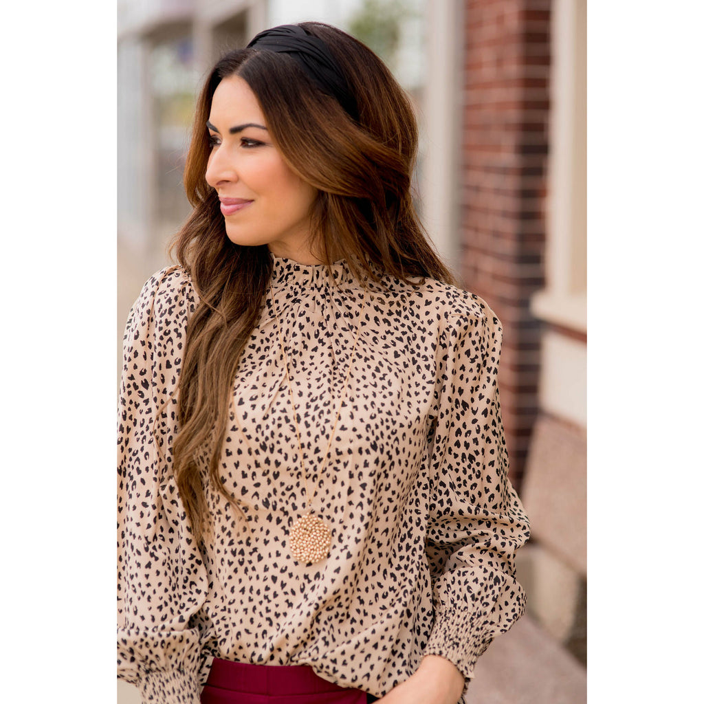 Cinched Neck Cuff Cheetah Blouse - Betsey's Boutique Shop