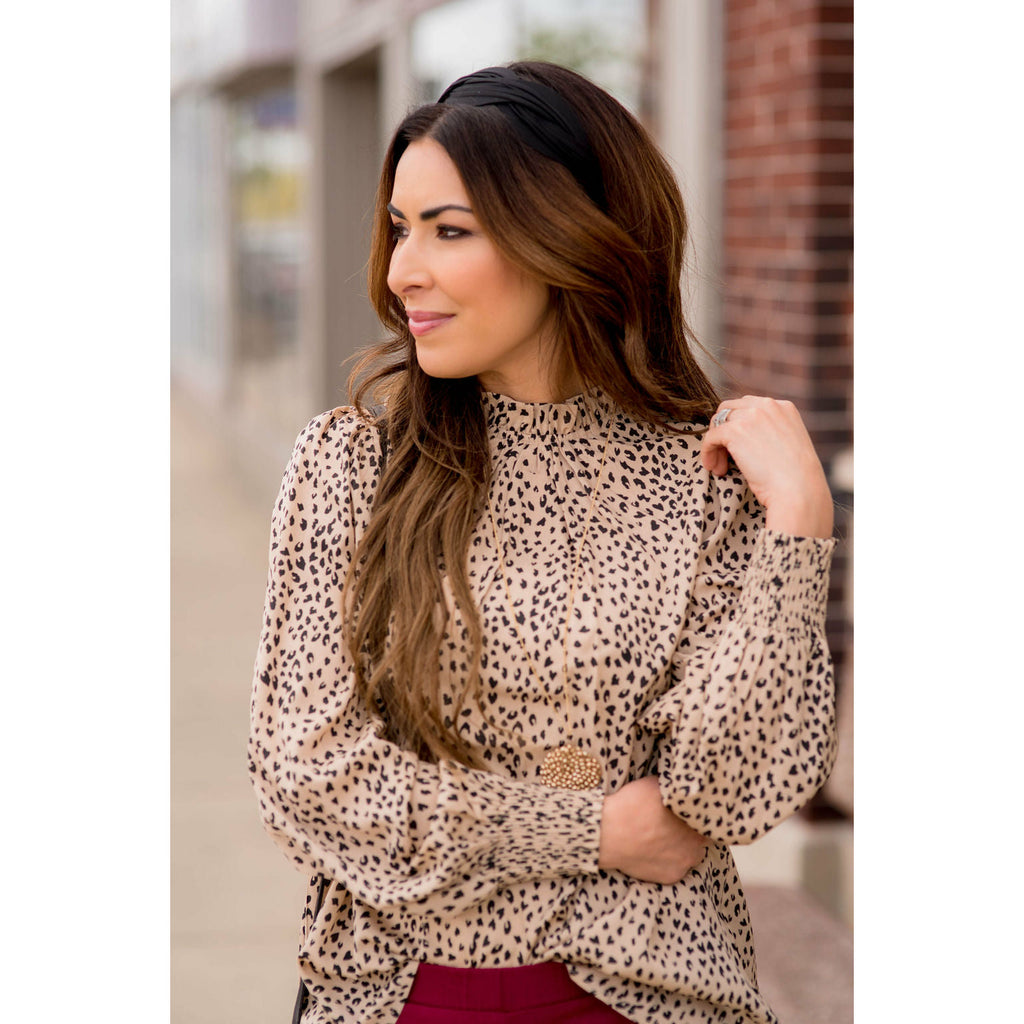 Cinched Neck Cuff Cheetah Blouse - Betsey's Boutique Shop