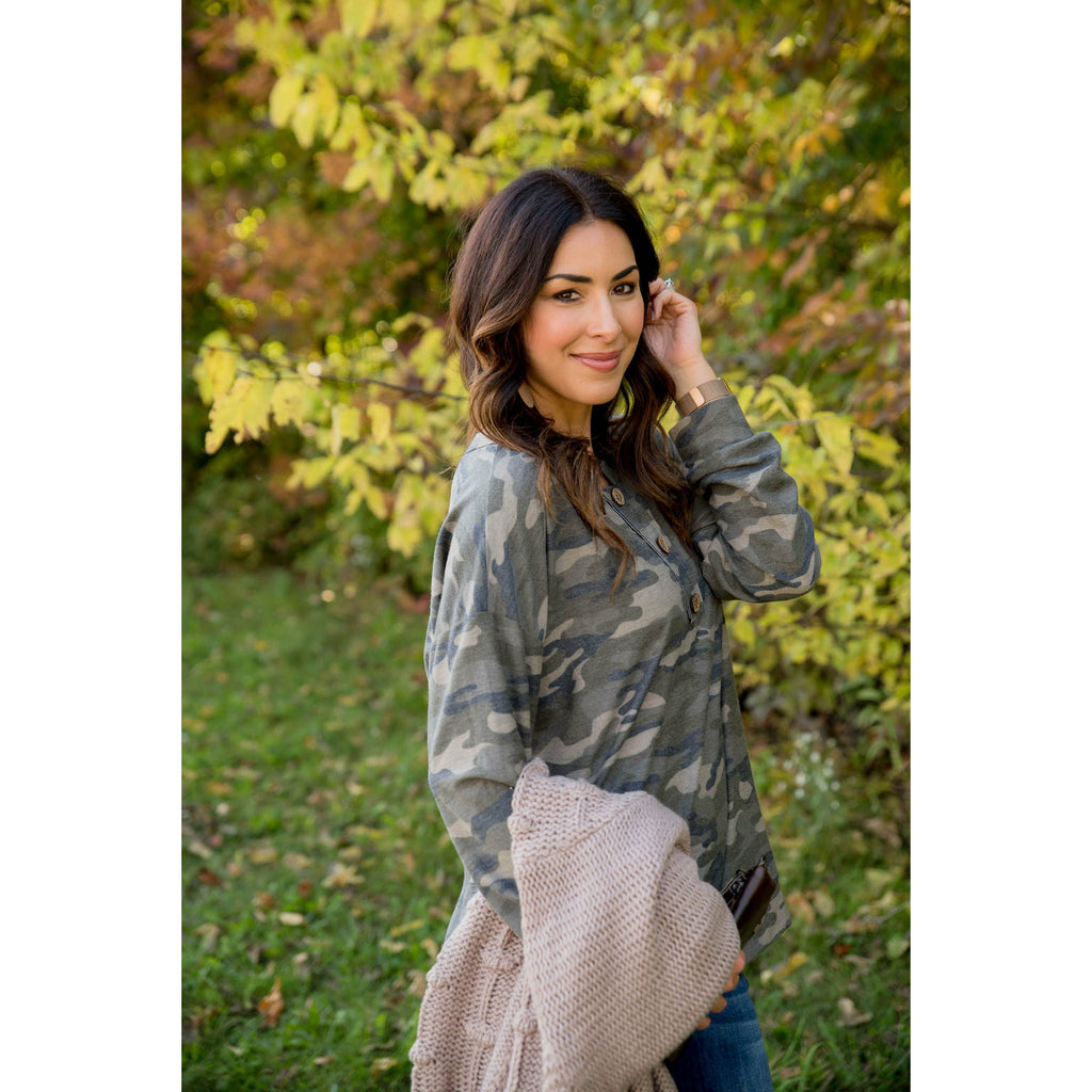 Camo Triple Button Top Long Sleeve Tee - Betsey's Boutique Shop