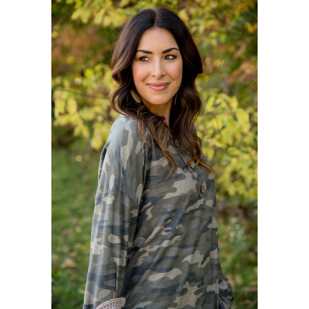 Camo Triple Button Top Long Sleeve Tee - Betsey's Boutique Shop