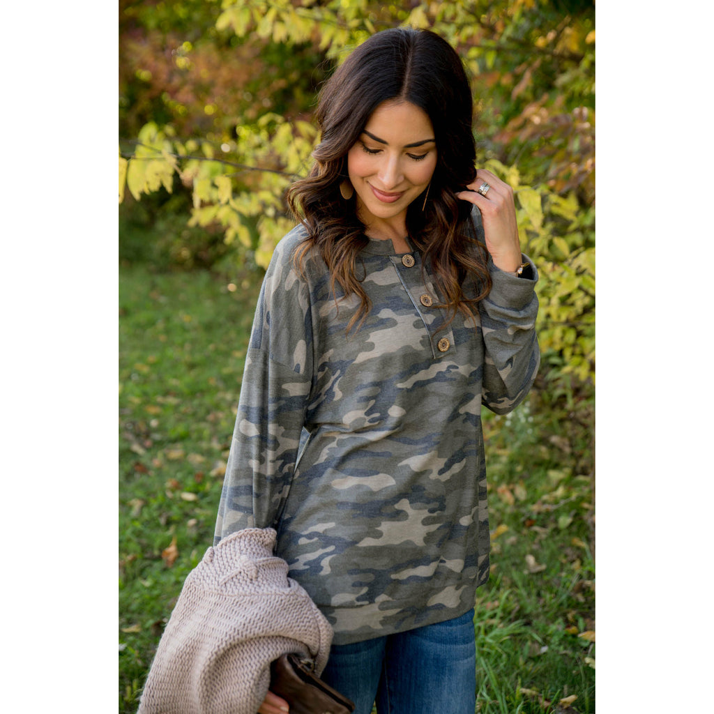 Camo Triple Button Top Long Sleeve Tee - Betsey's Boutique Shop