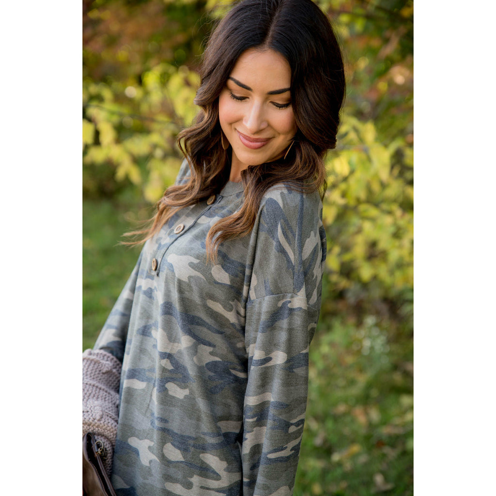 Camo Triple Button Top Long Sleeve Tee - Betsey's Boutique Shop