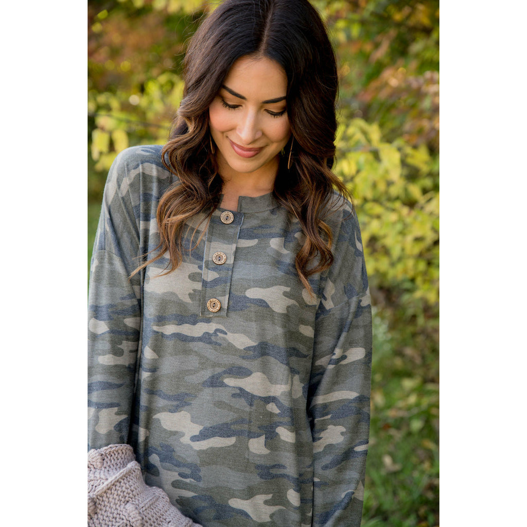 Camo Triple Button Top Long Sleeve Tee - Betsey's Boutique Shop