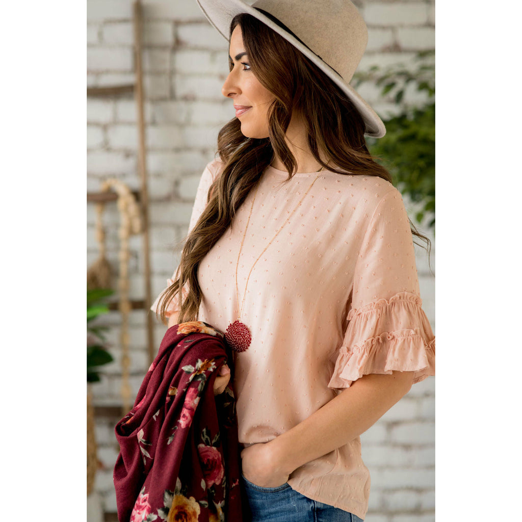 Textured Ruffled 3/4 Sleeve Blouse - Betsey's Boutique Shop - Shirts & Tops