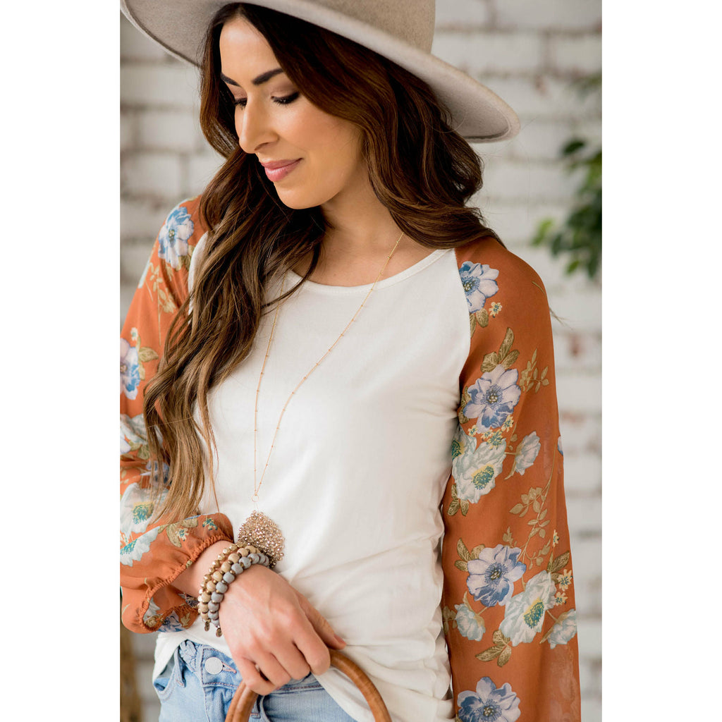 Floral Sheer Sleeve Blouse - Betsey's Boutique Shop