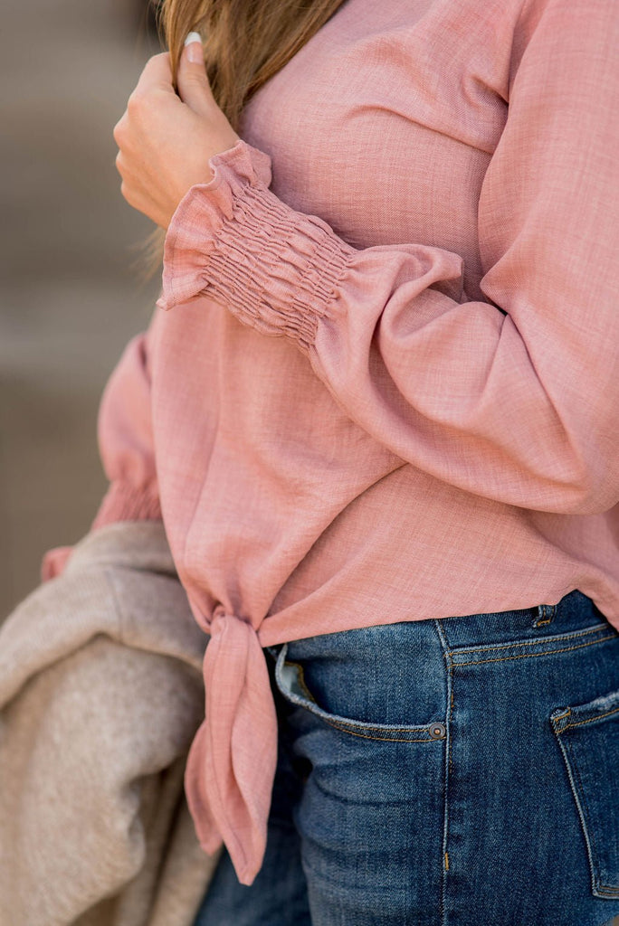 Elegant Tied Cinched Sleeve Blouse - Betsey's Boutique Shop