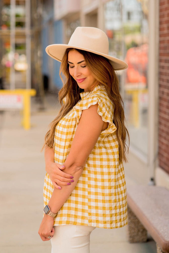 Gingham Ruffle Trim Tank - Betsey's Boutique Shop - Shirts & Tops