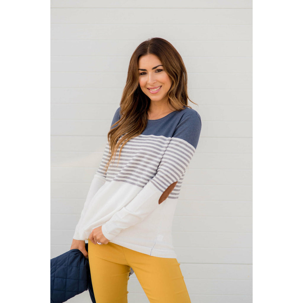 Elbow Patch Double Blocked Striped Sweater - Betsey's Boutique Shop - Outerwear