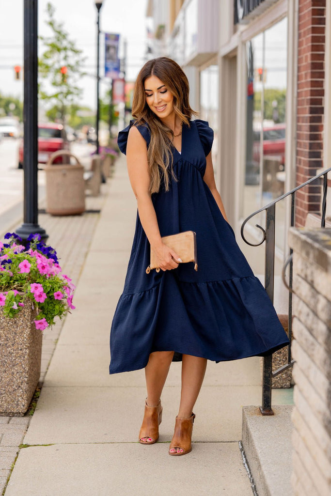 Ruffle Bottom V Midi Dress Hunter Green / L Ruffle Bottom V Midi Dress Hunter Green / L