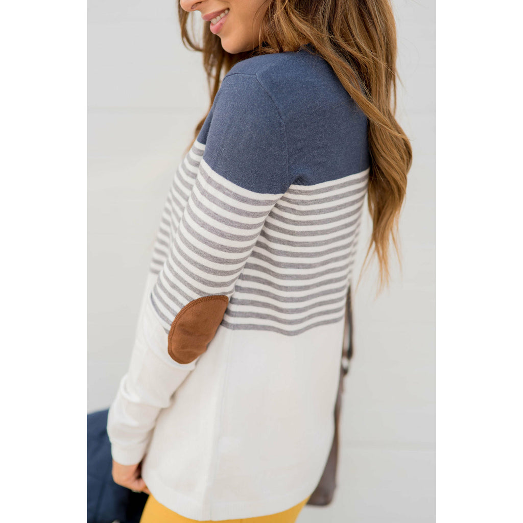 Elbow Patch Double Blocked Striped Sweater - Betsey's Boutique Shop - Outerwear