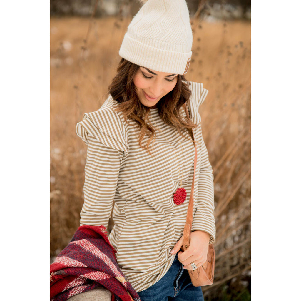 Striped Double Flutter Shoulder Tee - Betsey's Boutique Shop