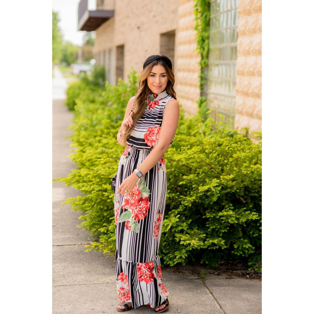 Floral Striped Ruffle Trim Tank Maxi - Betsey's Boutique Shop