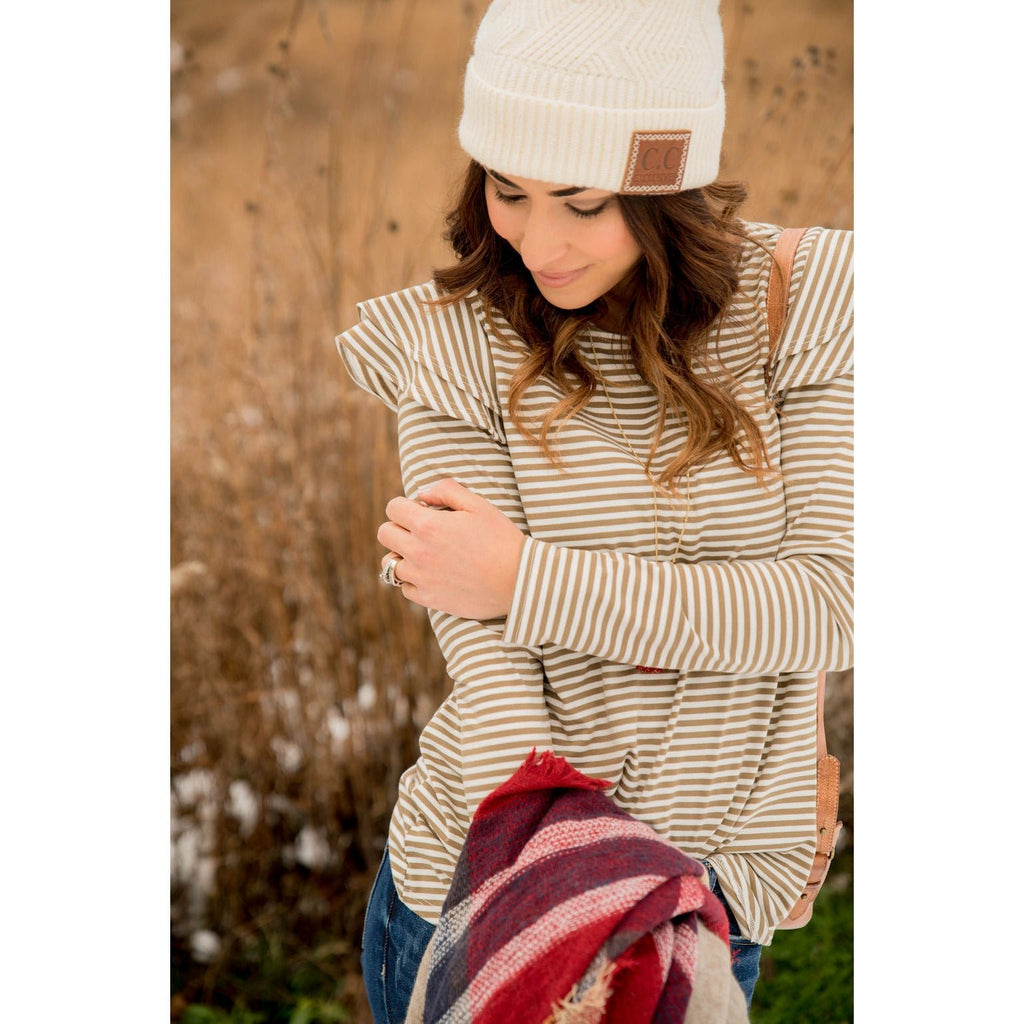 Striped Double Flutter Shoulder Tee - Betsey's Boutique Shop