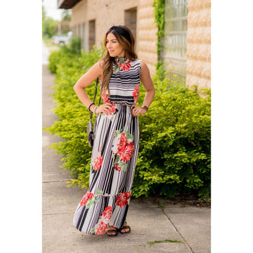 Floral Striped Ruffle Trim Tank Maxi - Betsey's Boutique Shop