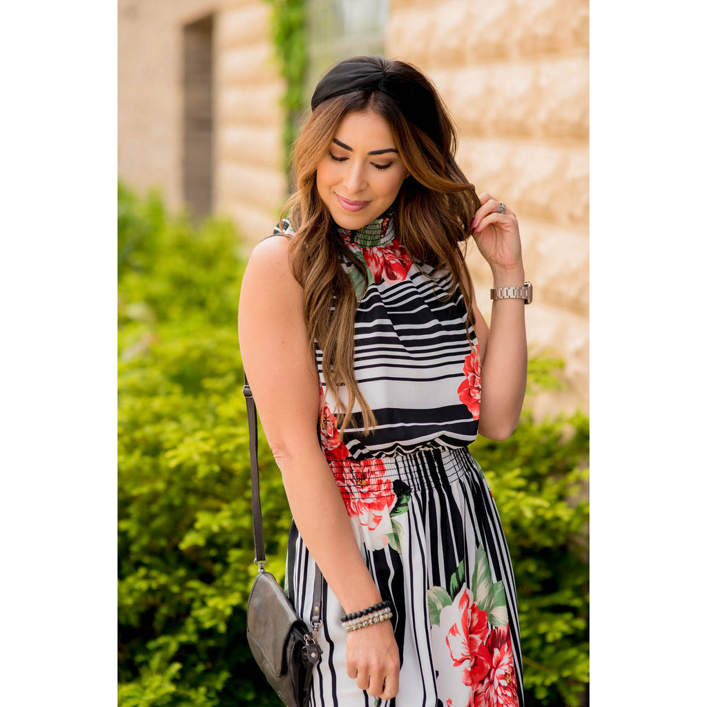 Floral Striped Ruffle Trim Tank Maxi - Betsey's Boutique Shop