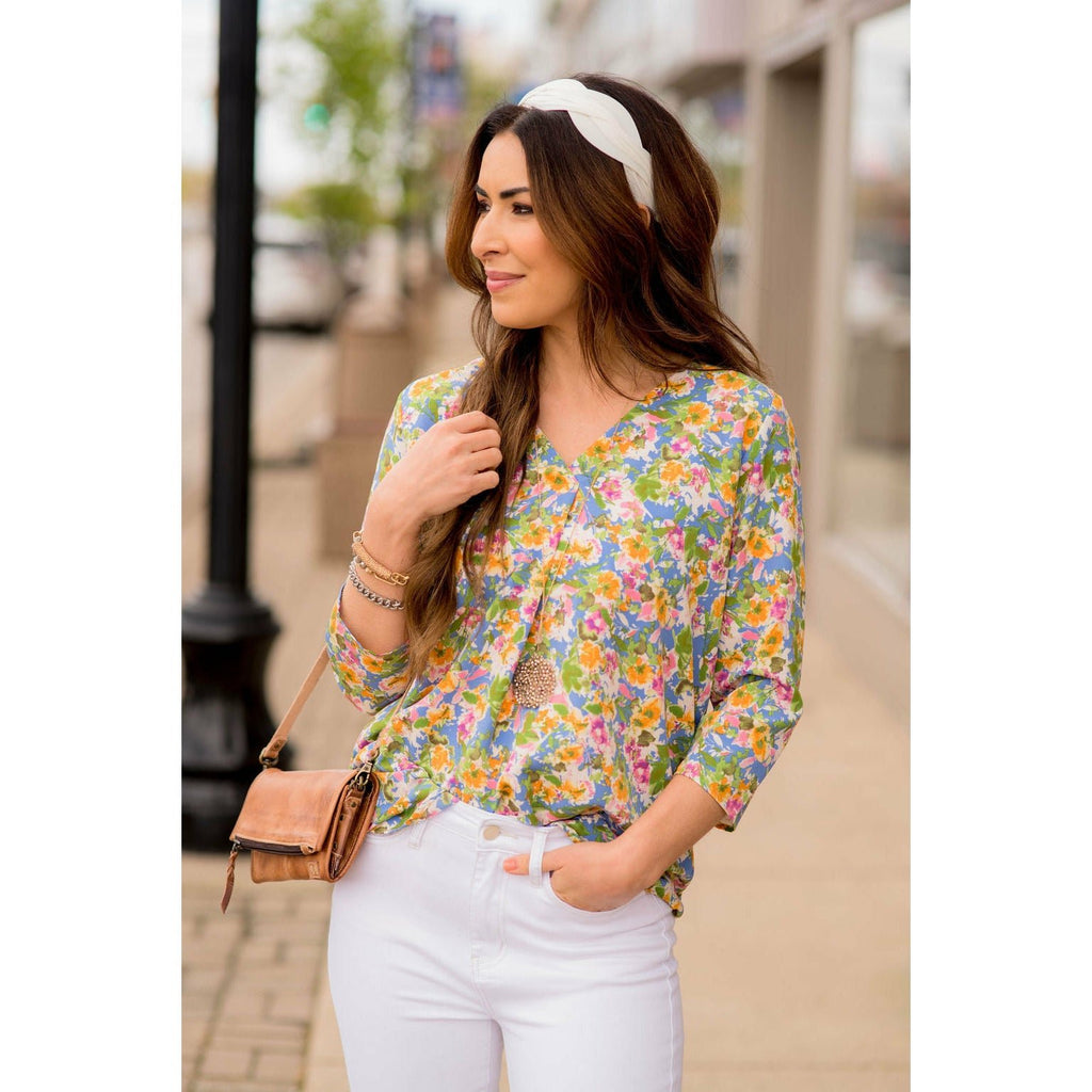 Sketched Floral V-Neck Blouse - Betsey's Boutique Shop